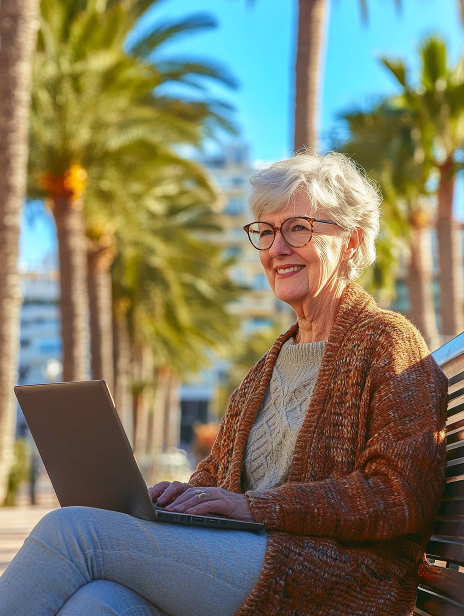 Seniorin am Laptop Promenade