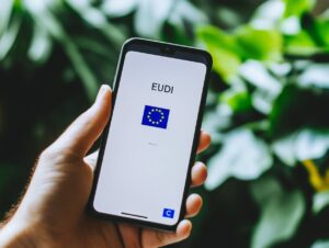 Hand hält ein Smartphone mit der EUDI-App, die das EU-Logo anzeigt.