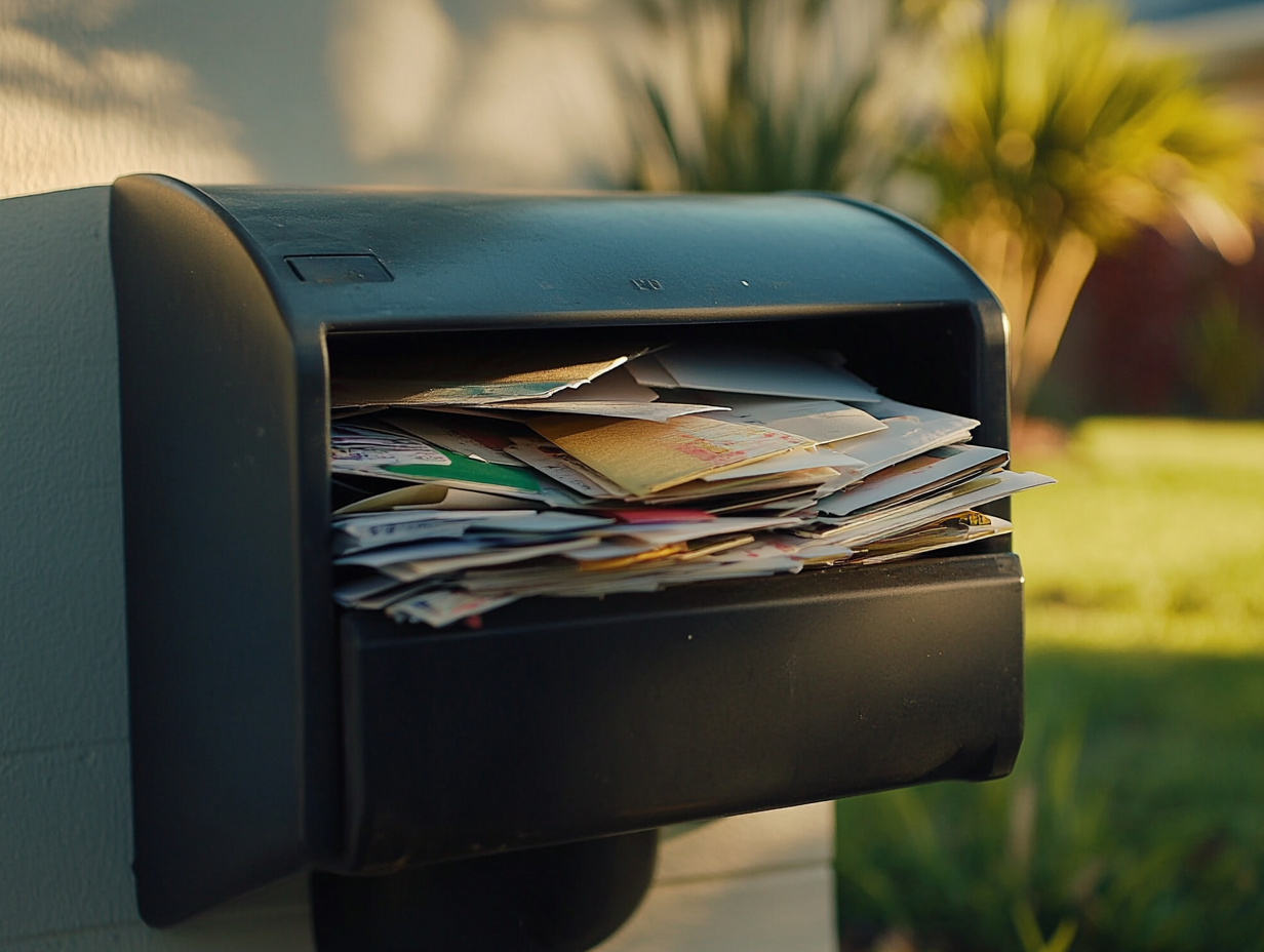 Ein überquellender Briefkasten mit zahlreichen ungeöffneten Briefen und Werbesendungen.