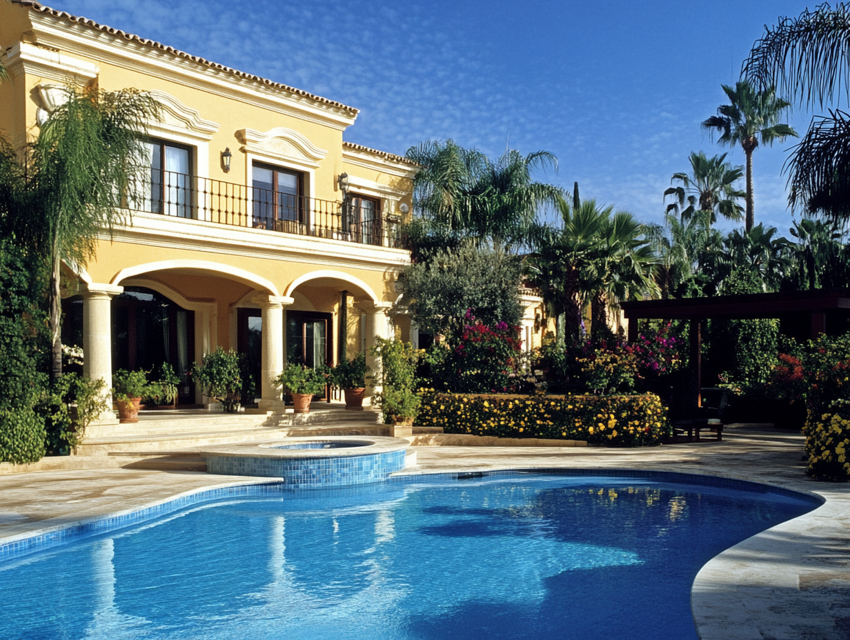 Mediterrane Villa mit gelber Fassade, großen Fenstern und Balkon, umgeben von Palmen und blühenden Pflanzen. Im Vordergrund ein Pool mit Whirlpool.