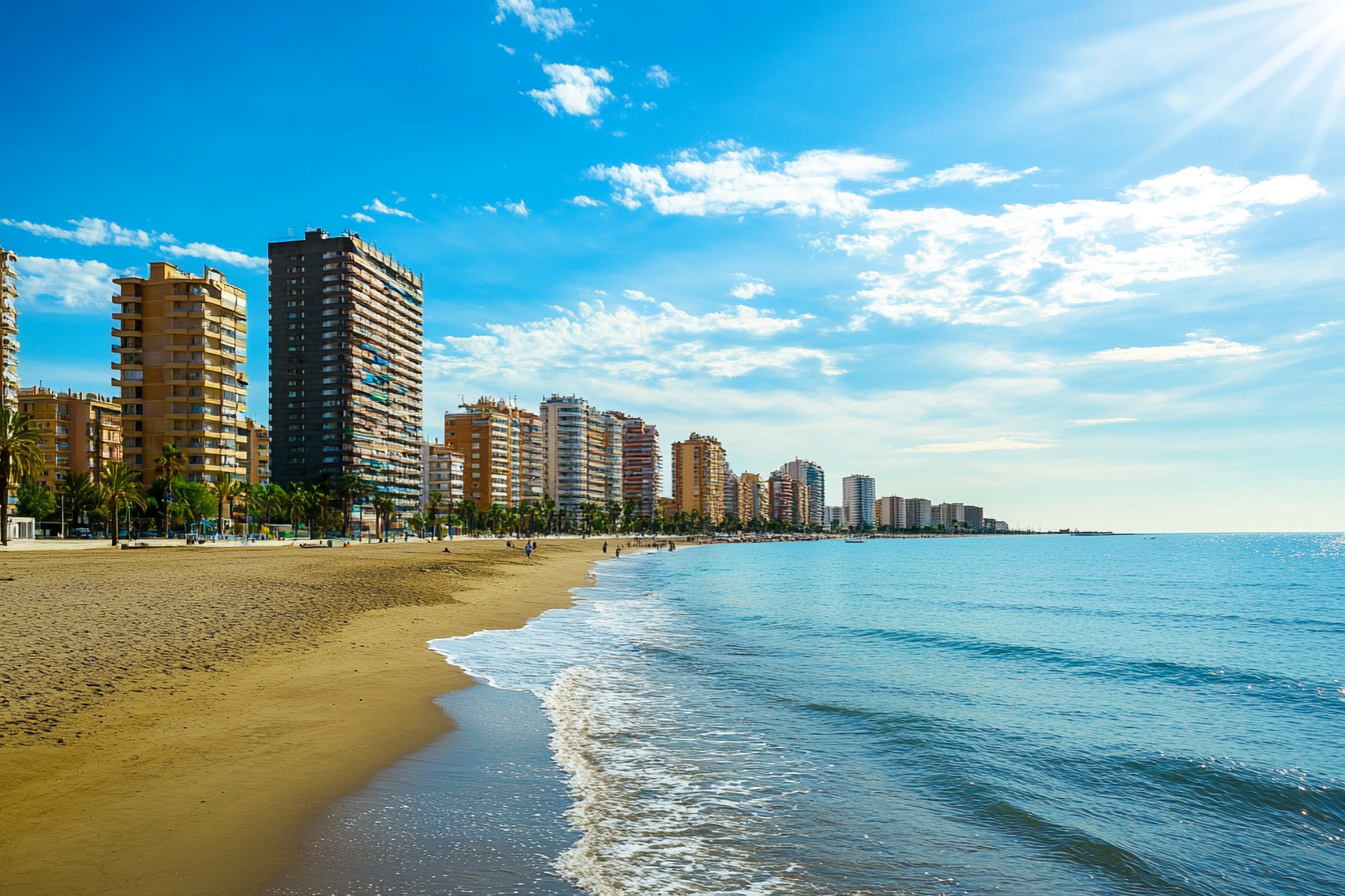 Strand mit sanften Wellen, gesäumt von Hochhäusern unter blauem Himmel - KI generiert.