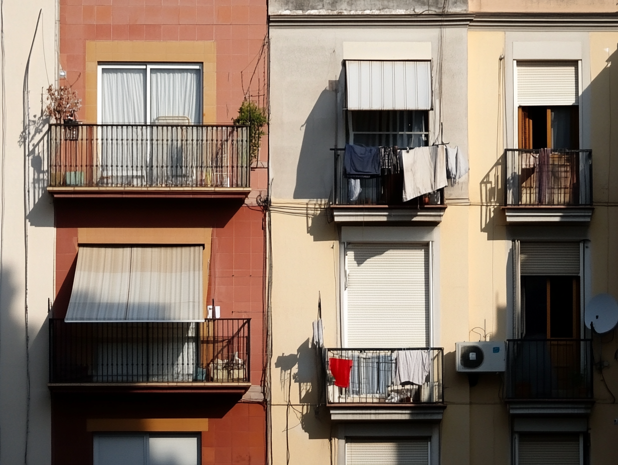 Mehrere Balkone an einer Hausfassade, teils mit Wäscheleinen und hängender Kleidung, teils mit Pflanzen oder Möbeln.