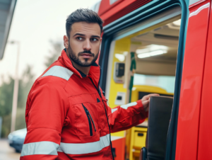 Ein Notfallsanitäter in roter Schutzkleidung steht an der geöffneten Tür eines Rettungswagens und blickt aufmerksam zur Seite.