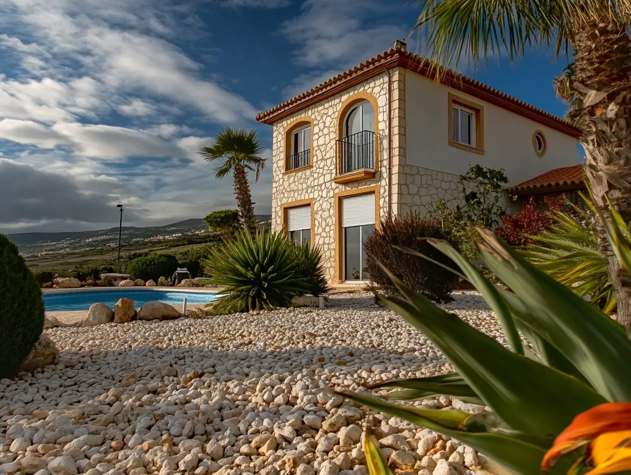 Mediterrane Villa mit Natursteinfassade, rotem Ziegeldach und Pool, umgeben von Palmen und Kiesgarten unter blauem Himmel.