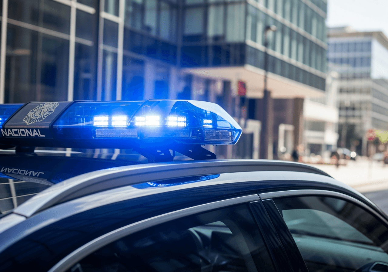 Blaulicht eines spanischen Polizeiwagens der Policía Nacional in einer modernen Innenstadt. KI generiert mit Google Imagen 4 Ultra.