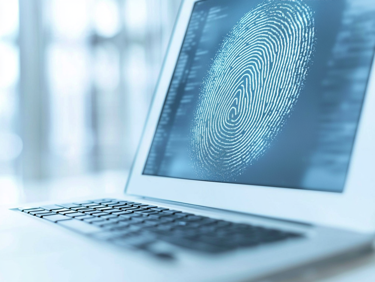 Nahaufnahme eines Laptops mit einem großen digitalen Fingerabdruck auf dem Bildschirm, symbolisiert Cybersecurity und biometrische Authentifizierung.