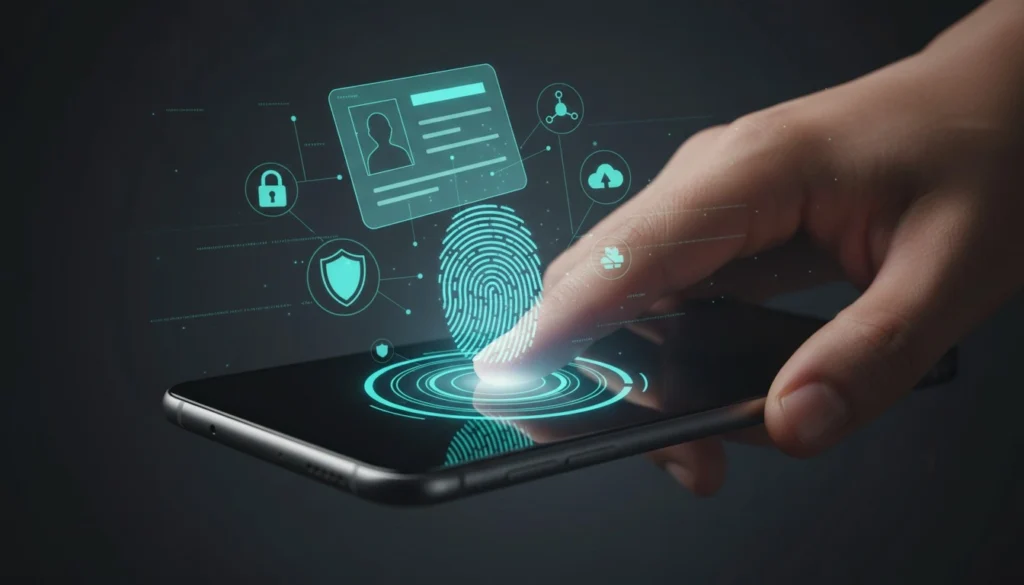 Digitale Identität visualisiert: Finger berührt Smartphone-Display, futurische Symbole wie Fingerabdruck, Ausweis-Icon, Sicherheitsschloss und Schutzschild schweben darüber.