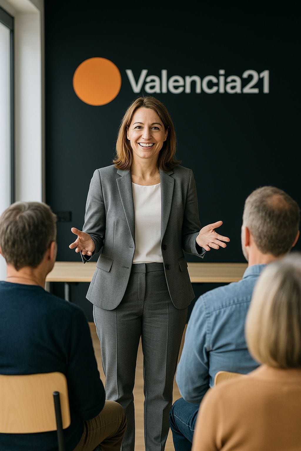 Frau im Anzug hält einen Vortrag vor einer kleinen Gruppe, im Hintergrund Logo „Valencia21“.