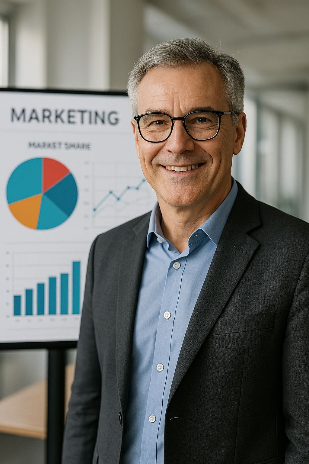 Geschäftsmann steht vor einer Marketing-Präsentation mit Diagrammen