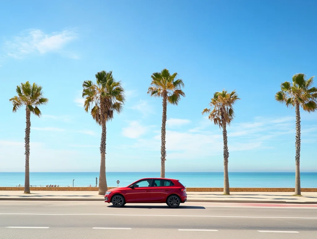 Rotes Auto fährt an einer Küstenstraße mit Palmen und Meer im Hintergrund entlang