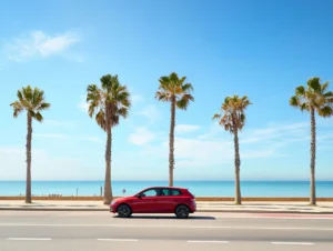 Rotes Auto fährt an einer Küstenstraße mit Palmen und Meer im Hintergrund entlang