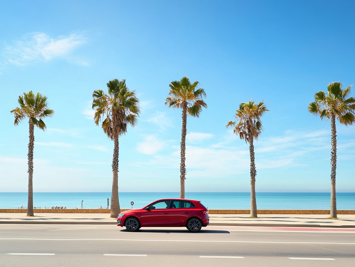 Rotes Auto fährt an einer Küstenstraße mit Palmen und Meer im Hintergrund entlang
