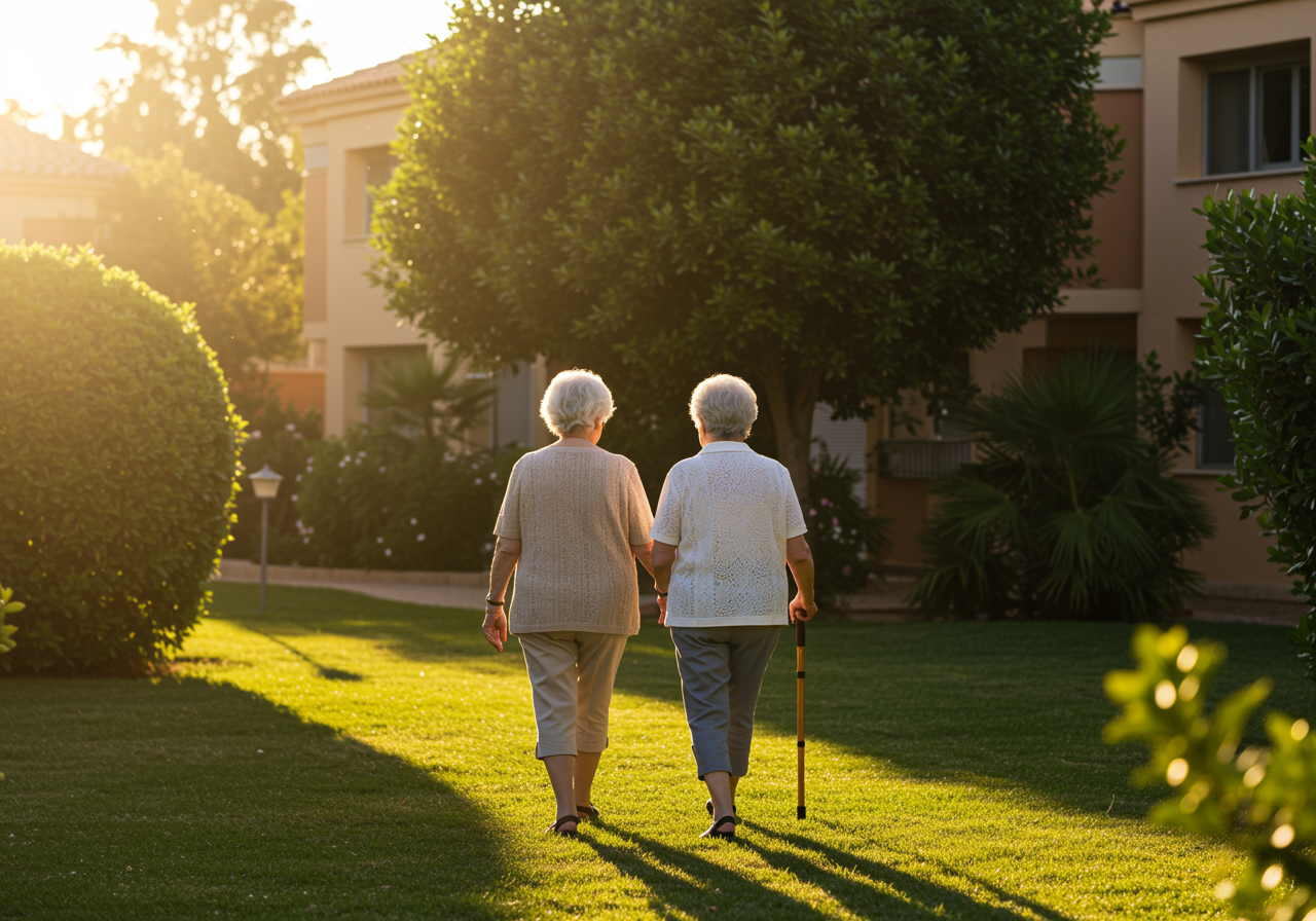 Zwei ältere Frauen gehen bei Sonnenuntergang Hand in Hand durch einen Garten, eine mit Gehstock.