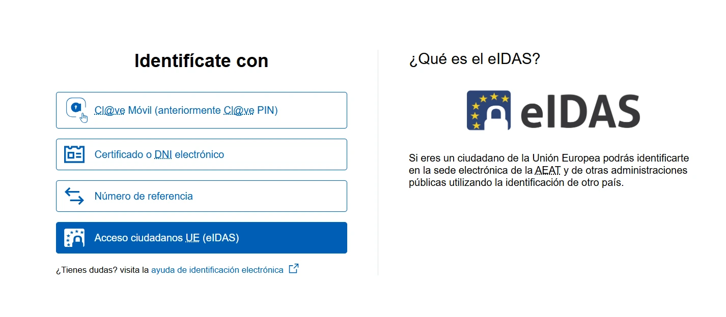 Webseite zur elektronischen Identifikation mit Optionen wie Cl@ve Móvil, DNI electrónico und elDAS für EU-Bürger.
