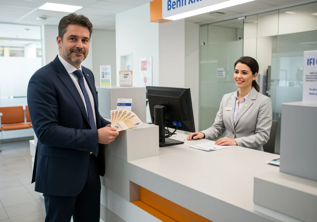 Mann in Anzug erhält am Bankschalter mehrere 50-Euro-Scheine von einer Bankangestellten