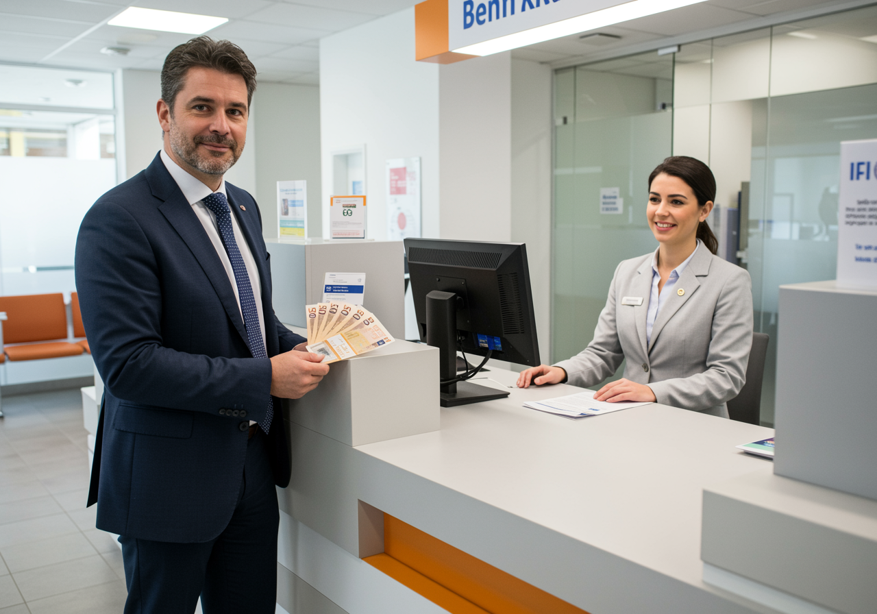 Mann in Anzug erhält am Bankschalter mehrere 50-Euro-Scheine von einer Bankangestellten