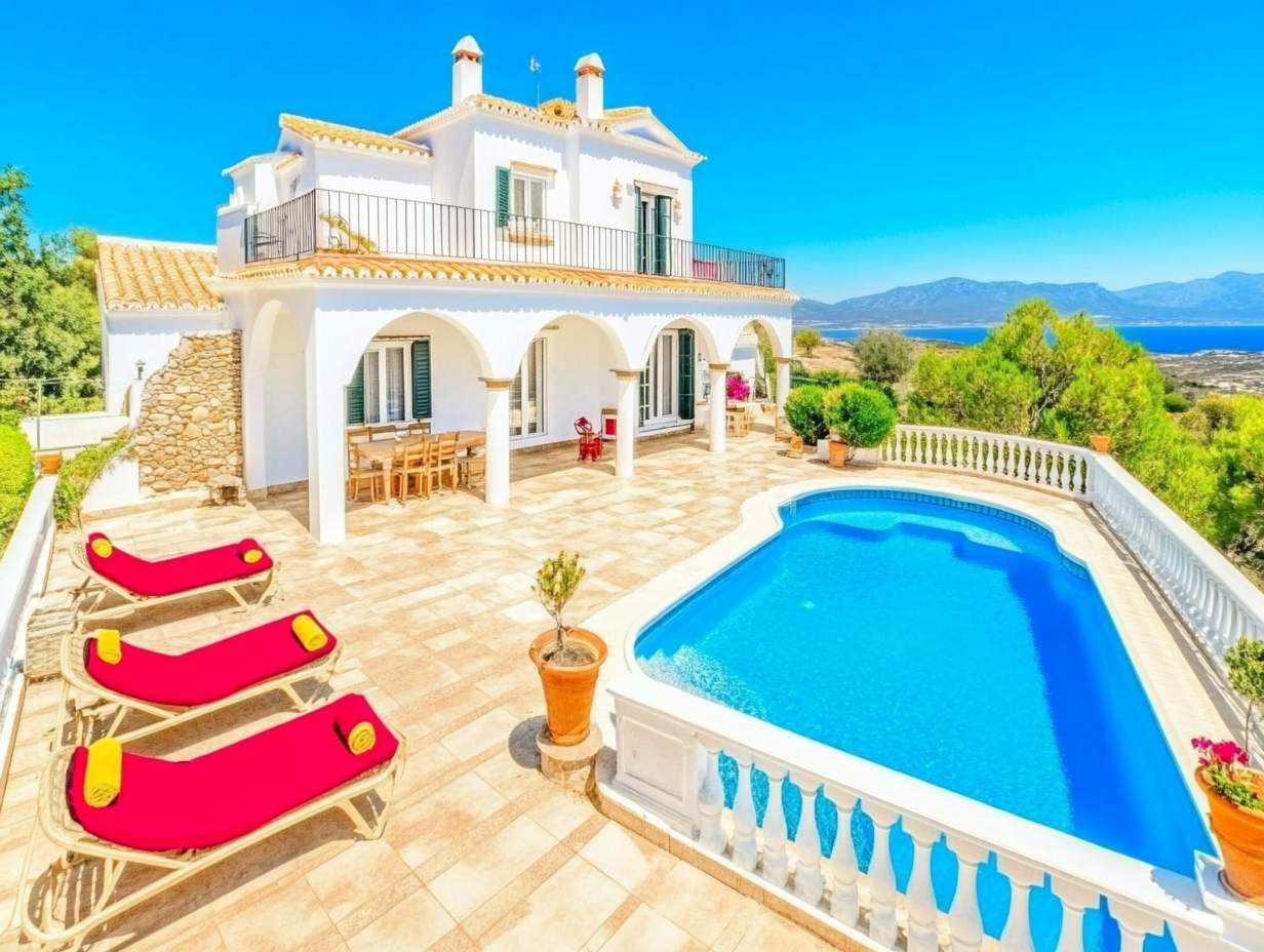 Luxuriöse Villa im mediterranen Stil mit Pool, großer Sonnenterrasse und Meerblick. Drei Sonnenliegen mit roten Auflagen stehen am Beckenrand.