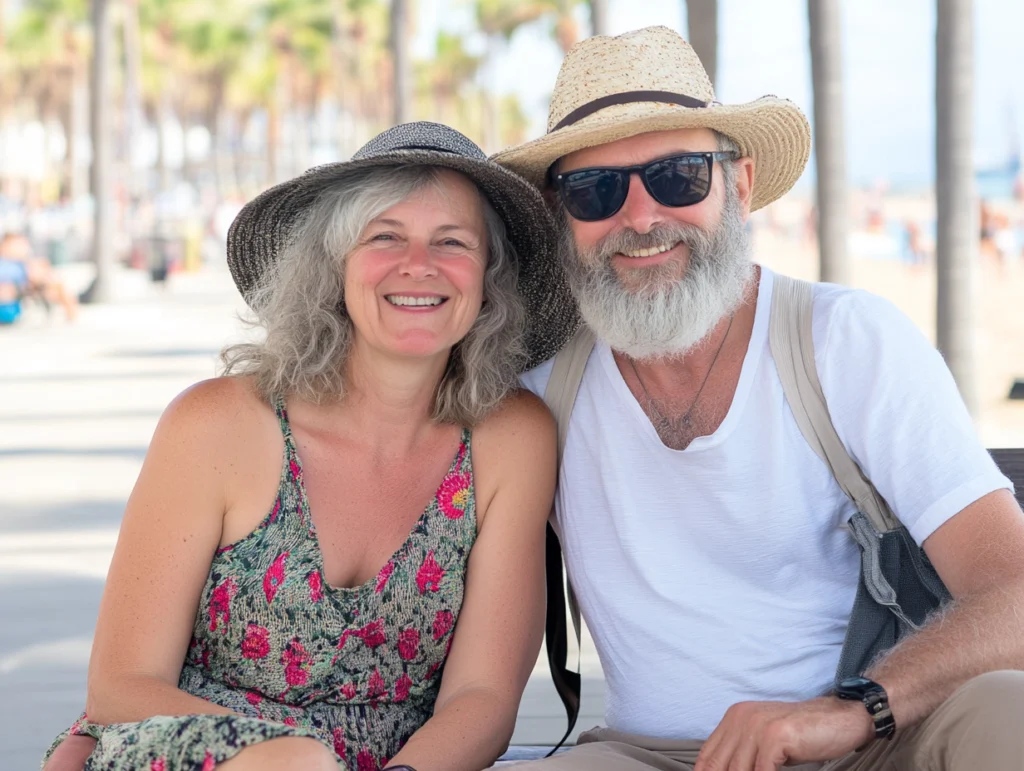 Lachendes älteres Paar mit Sonnenhüten im Sommerurlaub am Strand