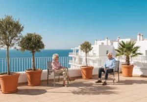 Wohnen im Alter an der Costa Blanca: Älteres Paar sitzt auf einer sonnigen Meerblick-Terrasse in einer seniorengerechten Wohnanlage in der Region Valencia.