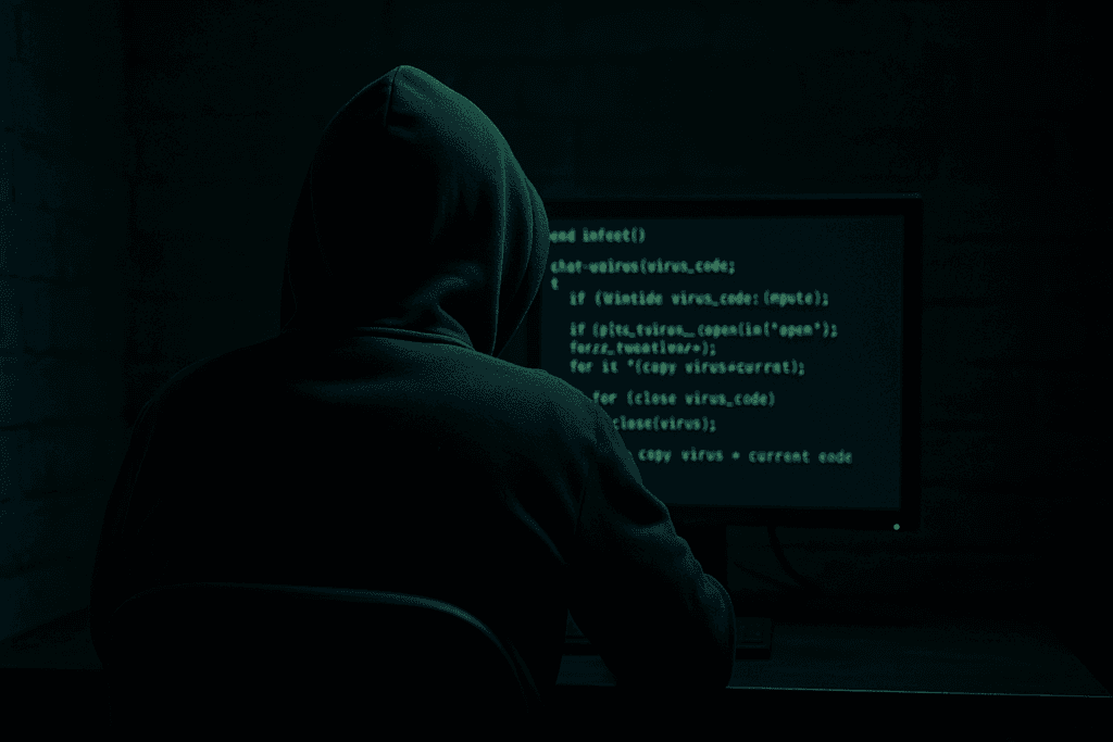 Person mit Kapuzenpullover sitzt vor Bildschirm mit Programmcode in dunklem Raum