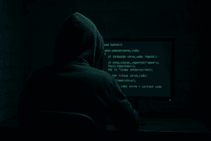 Person mit Kapuzenpullover sitzt vor Bildschirm mit Programmcode in dunklem Raum