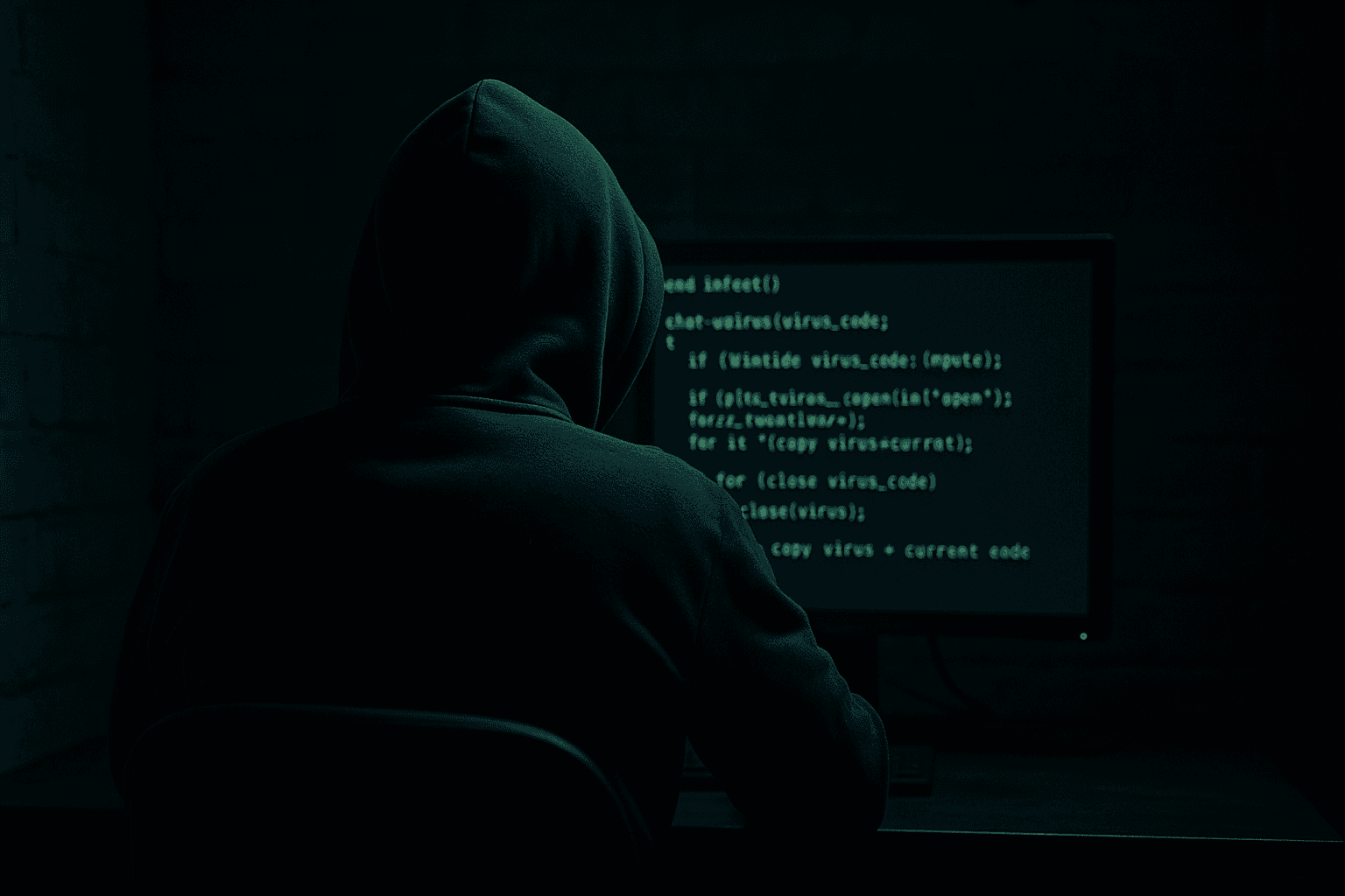 Person mit Kapuzenpullover sitzt vor Bildschirm mit Programmcode in dunklem Raum