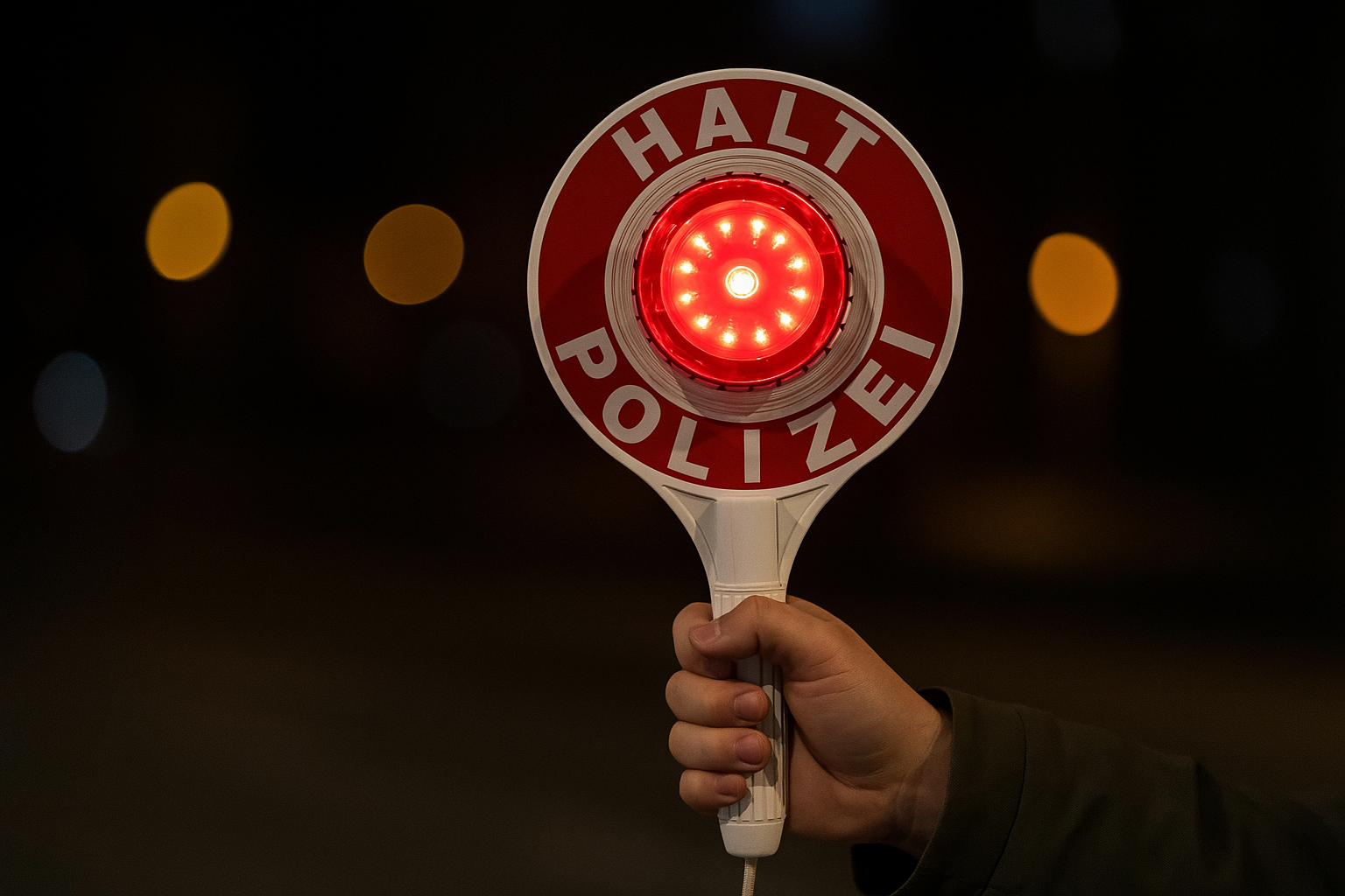 Leuchtendes Polizeisignal mit der Aufschrift „Halt Polizei“ wird bei Nacht hochgehalten