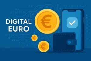 Symbolbild für digitalen Euro mit Smartphone, digitaler Geldbörse und Euro-Münzen auf blauem Hintergrund - KI generiert ChatGPT