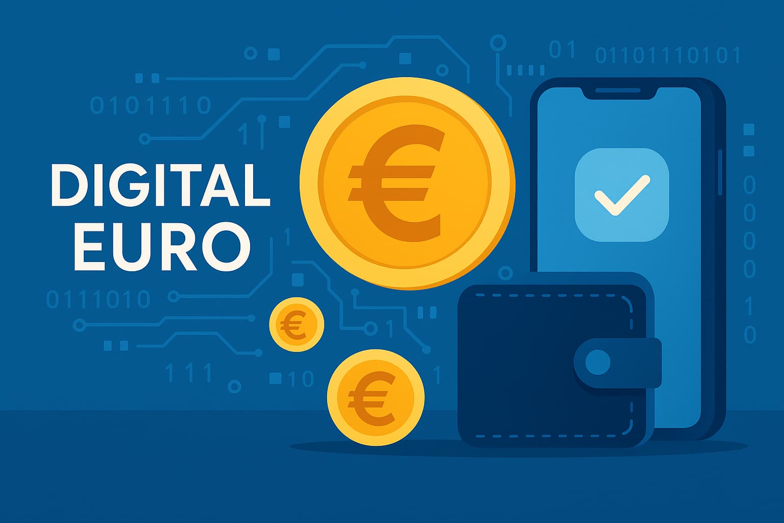 Symbolbild für digitalen Euro mit Smartphone, digitaler Geldbörse und Euro-Münzen auf blauem Hintergrund - KI generiert ChatGPT