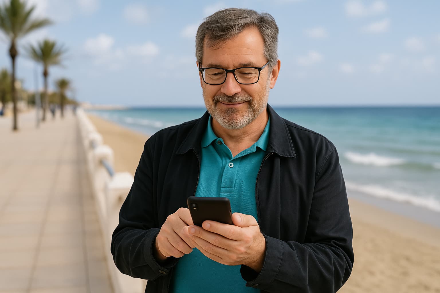 Mann mittleren Alters mit Smartphone spaziert lächelnd an einer Strandpromenade entlang. KI-generiert mit ChatGPT.