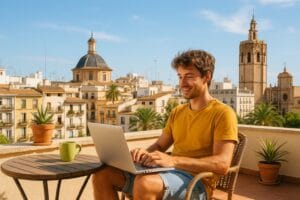 Junger Mann arbeitet mit Laptop auf Balkon, im Hintergrund mediterrane Altstadt mit Kirchtürmen