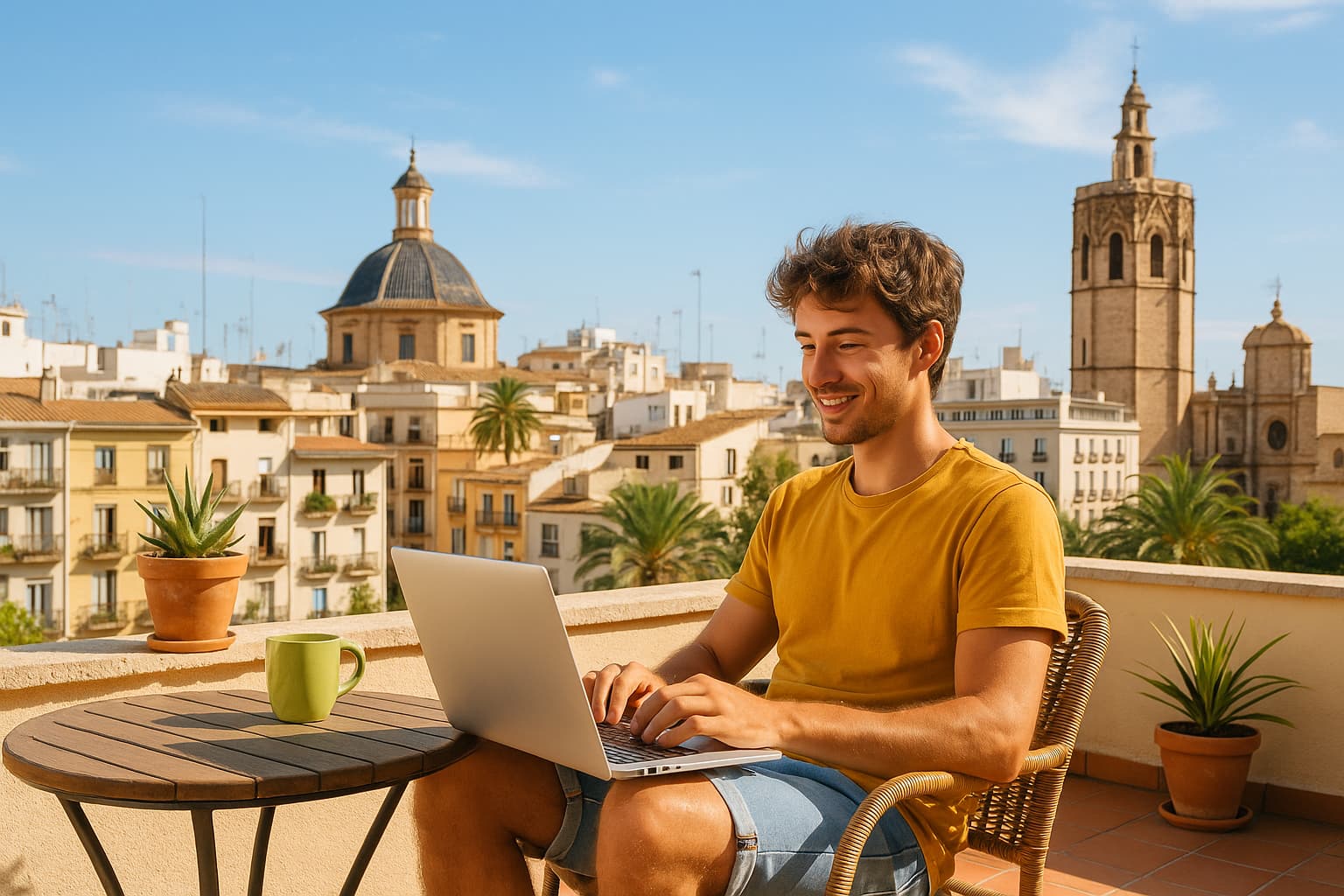 Junger Mann arbeitet mit Laptop auf Balkon, im Hintergrund mediterrane Altstadt mit Kirchtürmen