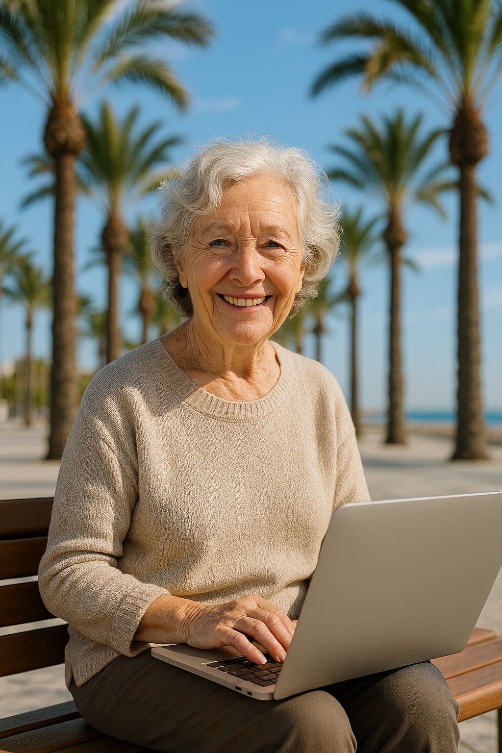 Seniorin aktiv im digitalen Zeitalter Seniorin sitzt mit Laptop auf einer Bank vor Palmen und lächelt in die Kamera - KI generiert.
