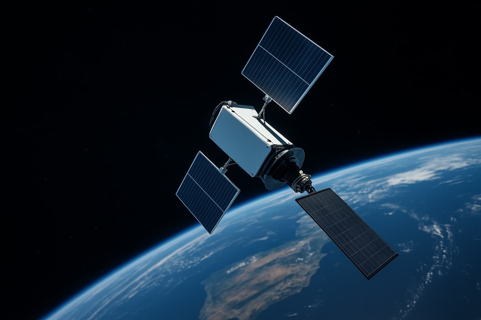 Satellit mit Solarpanels schwebt über der Erde im Weltraum. KI-generiert mit ChatGPT.