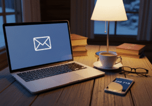 Laptop mit E-Mail-Symbol, daneben Smartphone mit 2FA Authenticator App Code, Brille und Kaffeetasse auf Schreibtisch bei Lampenlicht.