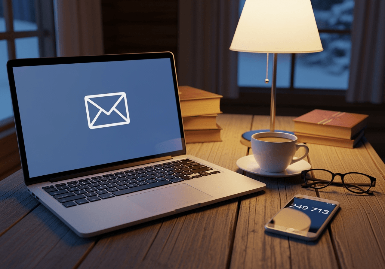 Laptop mit E-Mail-Symbol, daneben Smartphone mit 2FA Authenticator App Code, Brille und Kaffeetasse auf Schreibtisch bei Lampenlicht.