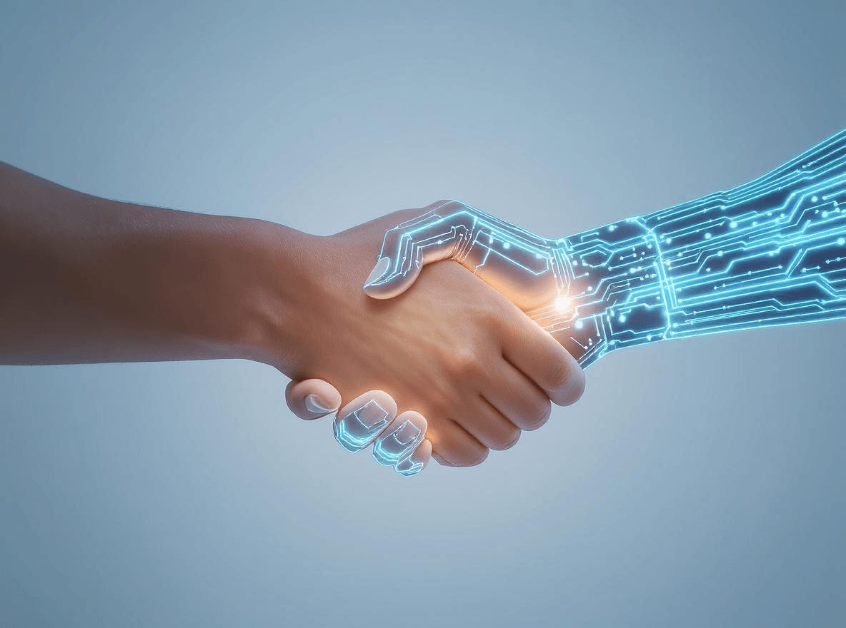 Menschliche Hand schüttelt eine digitale Hand mit leuchtenden Leiterbahnen