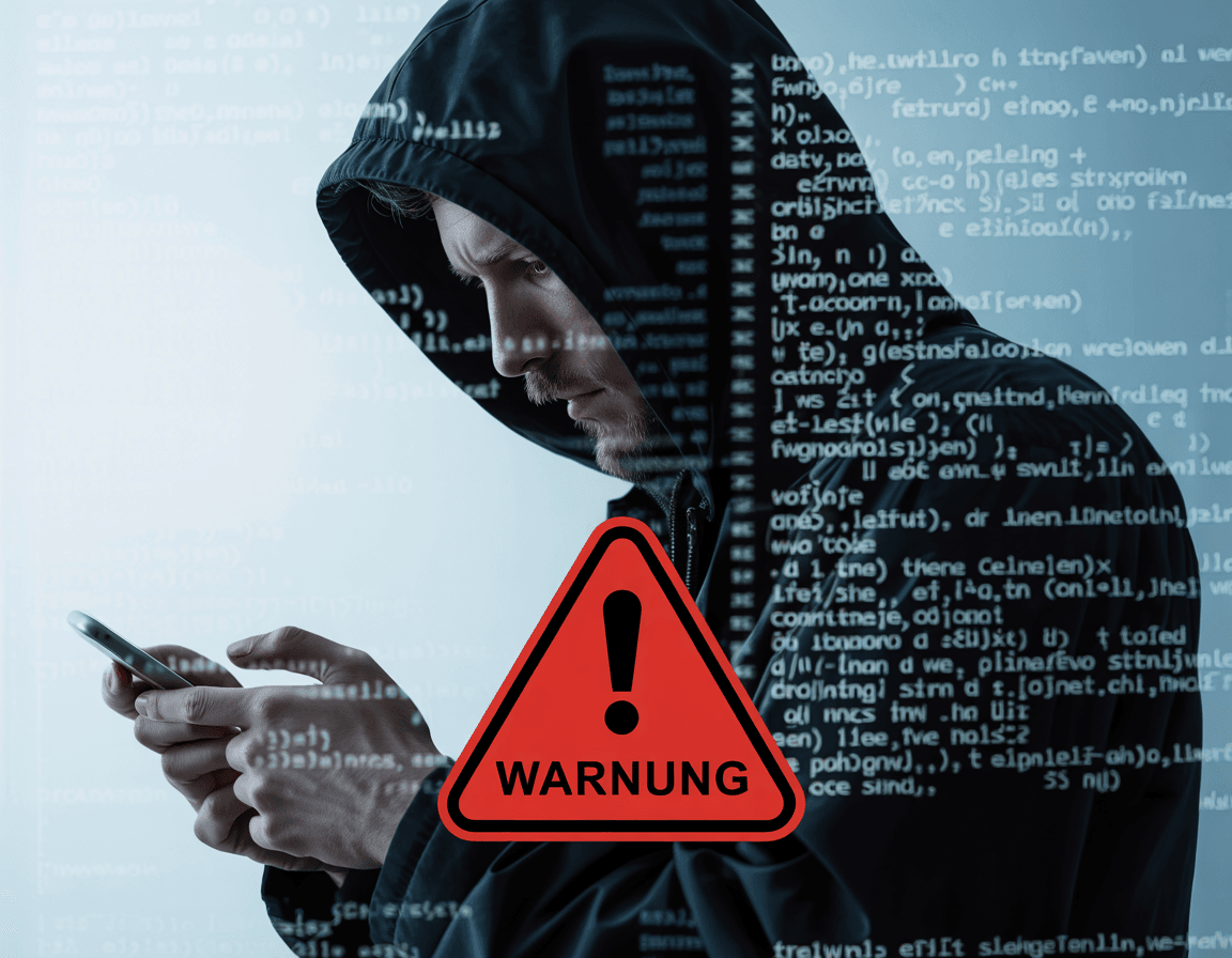 Mann in Kapuze tippt auf Smartphone, im Hintergrund Codezeilen und ein Warnsymbol mit Warnung. KI generiert.