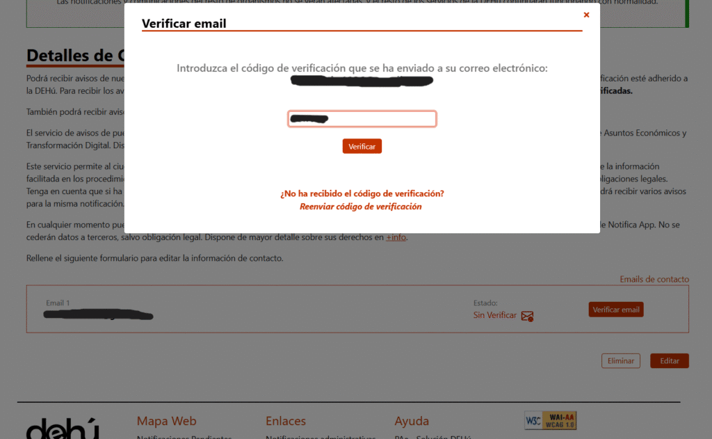 Popup-Fenster zur E-Mail-Verifizierung mit Eingabefeld für den Bestätigungscode und Schaltfläche ‚Verificar‘, Screenshot.