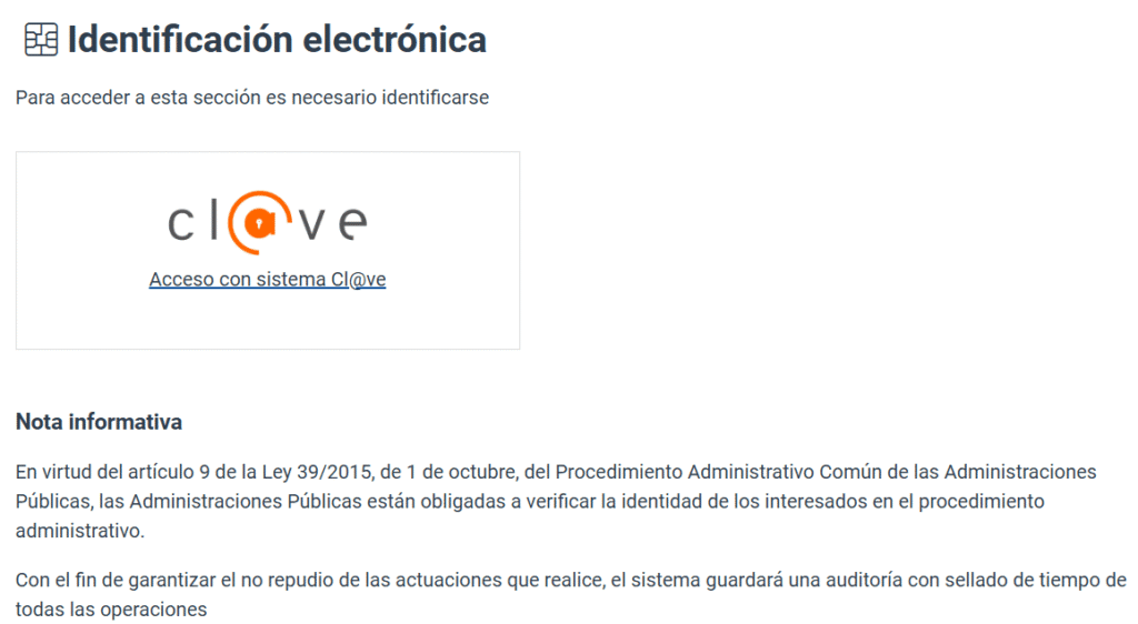 Logo des Identifizierungssystems Cl@ve mit Link zur Anmeldung. Screenshot