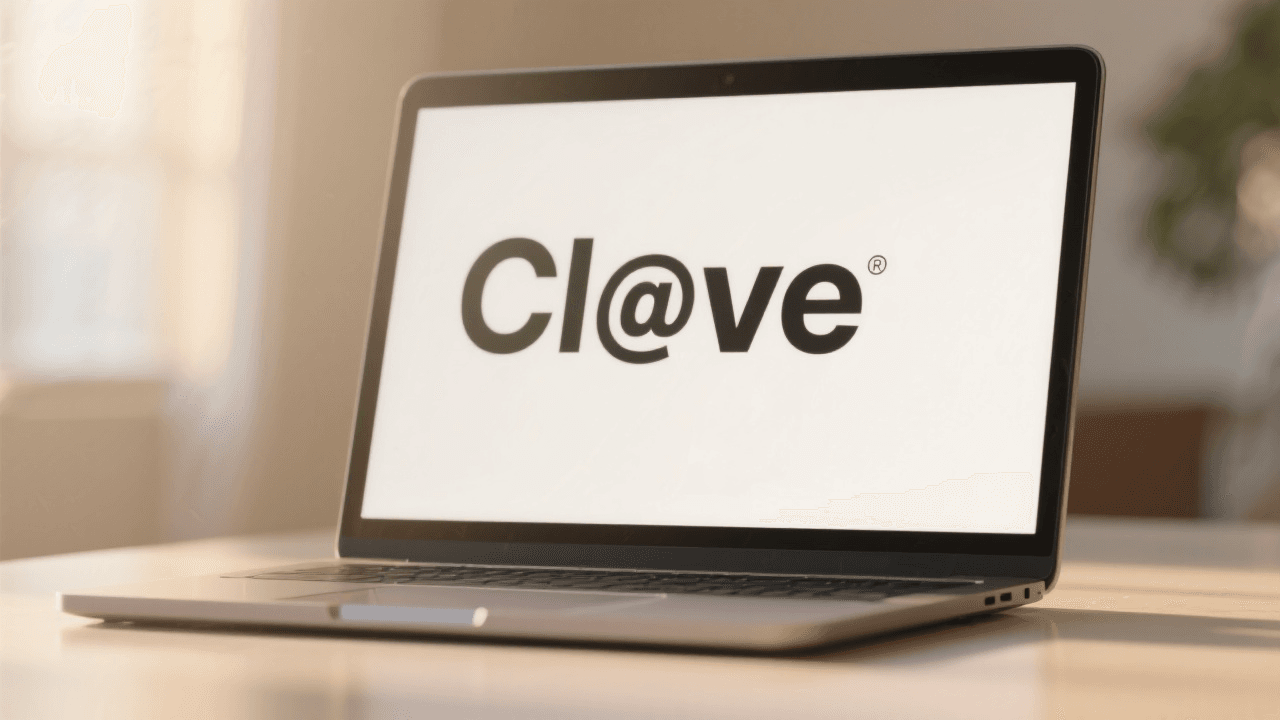 Laptop mit dem Logo „Cl@ve®“ auf dem Bildschirm, spanisches digitales Identifikationssystem. KI-generiert mit Seedream.