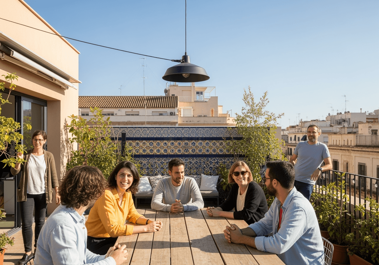 Co-Living in Valencia: Menschen auf einer sonnigen Dachterrasse erleben modernes Gemeinschaftswohnen mit Stadtblick und mediterranem Flair. KI-generiert mit Google Imagen 4.