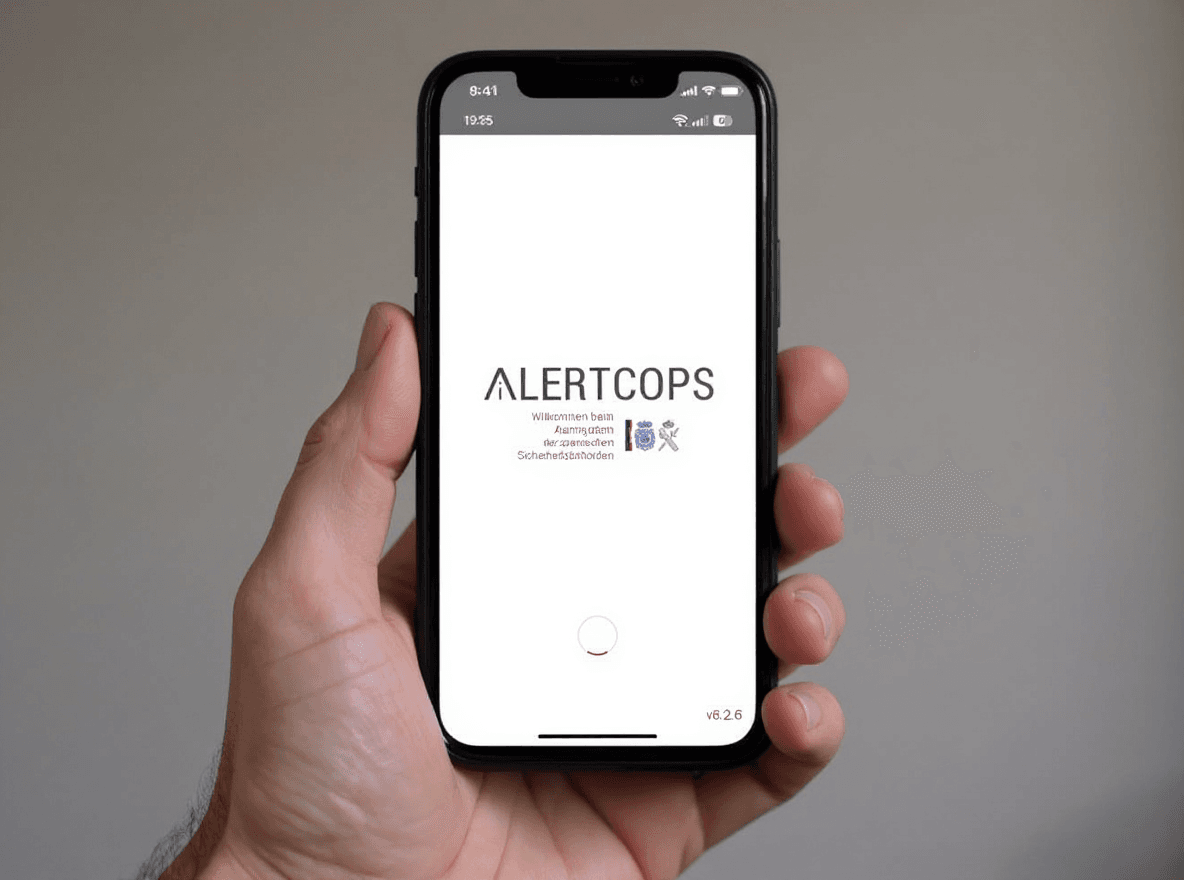 Smartphone mit geöffneter AlertCops App auf Deutsch – Sicherheits-App für Expats und Senioren in Spanien. KI-generiert mit Flux.