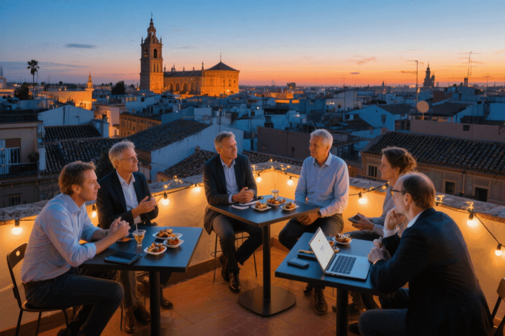 Sechs Personen in Businesskleidung essen und diskutieren auf einer Dachterrasse bei Sonnenuntergang, mit Stadtpanorama im Hintergrund. KI-generiert mit Seedream.