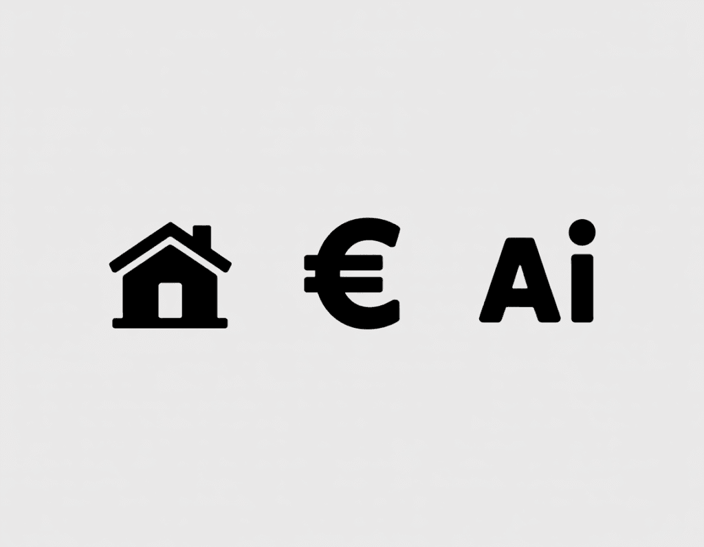 Haus-Symbol, Euro-Zeichen und der Schriftzug Ai nebeneinander, für Trends bei Immobilien in Valencia. KI-generiert mit Ideogram.