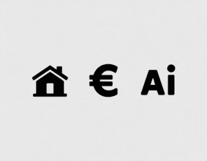 Haus-Symbol, Euro-Zeichen und der Schriftzug Ai nebeneinander, für Trends bei Immobilien in Valencia. KI-generiert mit Ideogram.