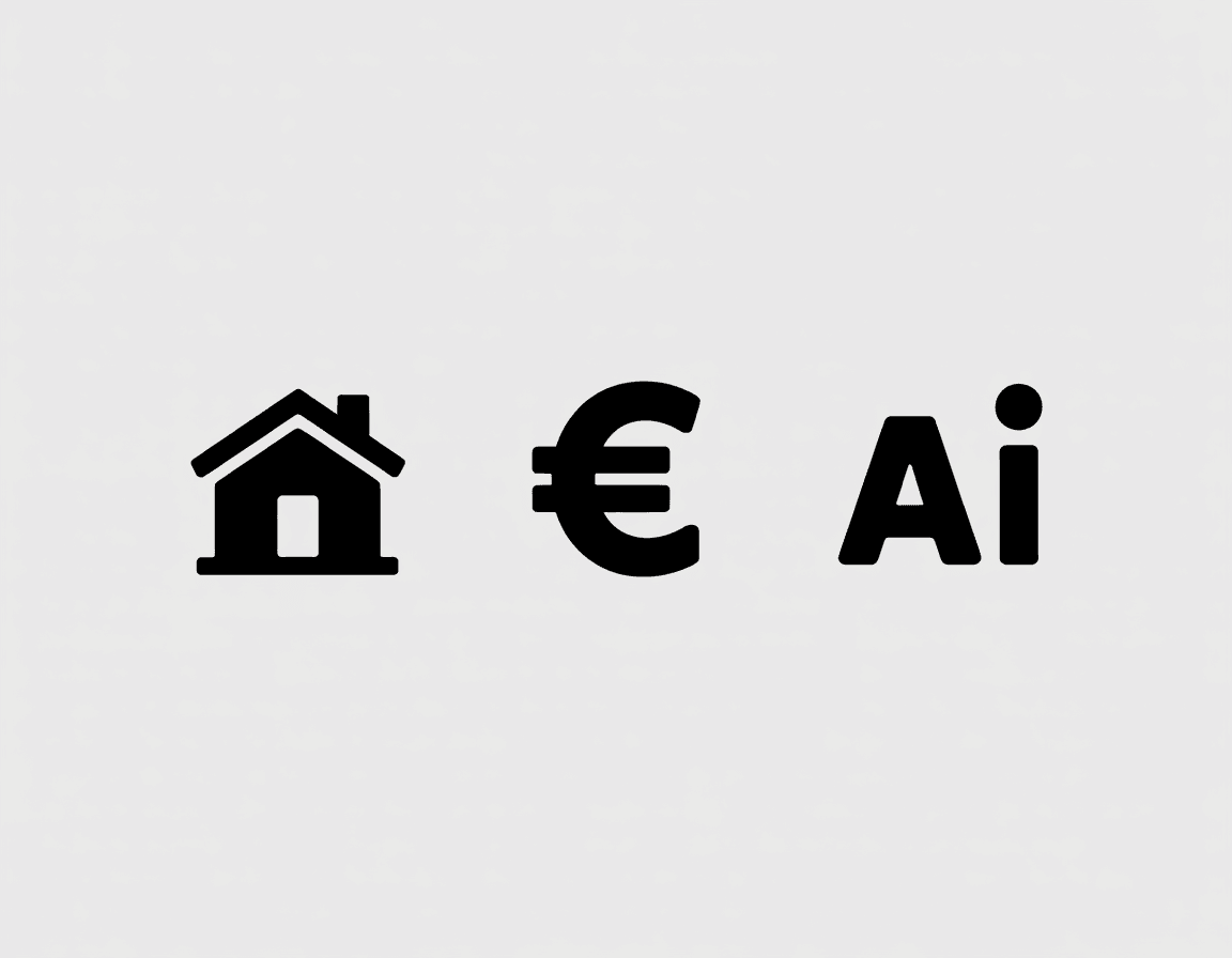 Haus-Symbol, Euro-Zeichen und der Schriftzug Ai nebeneinander, für Trends bei Immobilien in Valencia. KI-generiert mit Ideogram.