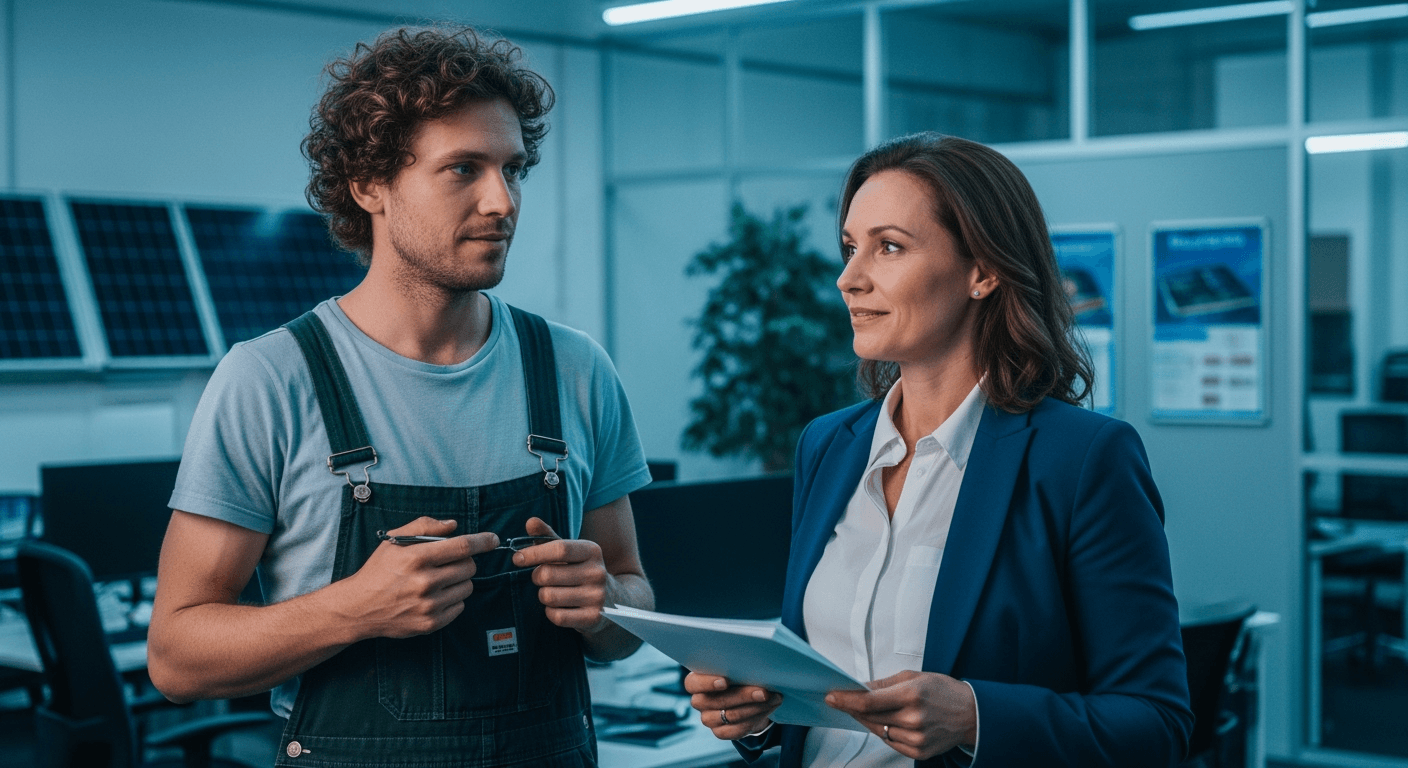 Zwei Personen diskutieren in einem Büro für Solartechnik über komplette Marketing-Lösungen für kleine Unternehmen. KI-generiert.