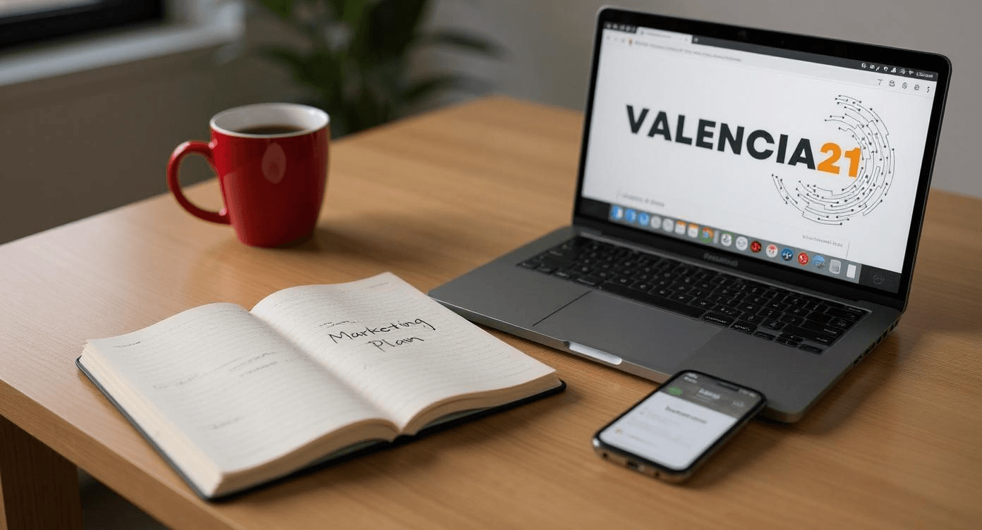 Arbeitsplatz mit Laptop, Smartphone, Kaffeetasse und Notizbuch mit dem Eintrag „Marketing Einzelangebote für KMU“. KI-generiert mit Flux.