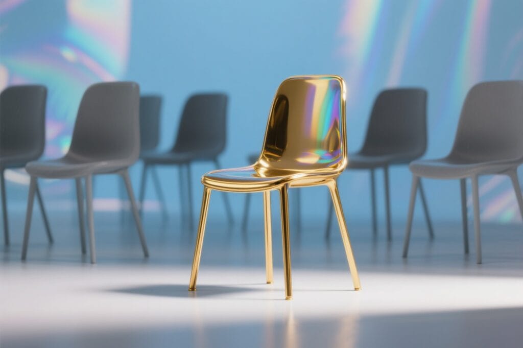 Ein goldener Stuhl steht im Lichtspot vor mehreren grauen Stühlen auf blauem Hintergrund. KI-generiert mit Seedream.